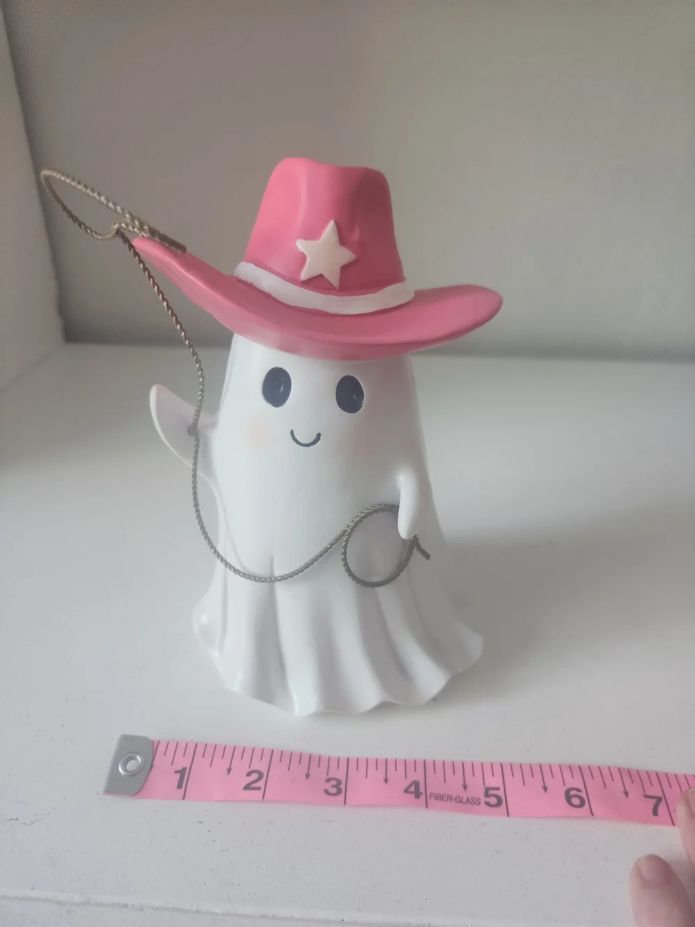 Cute Western Ghost Figurine with Pink Cowboy Hat And Lasso